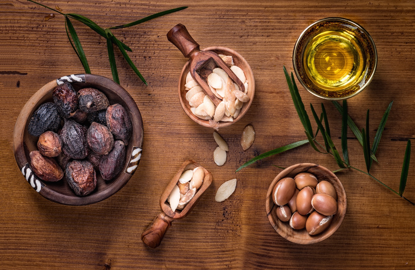soap nuts in wooden bowls with plants and oil as an example of how to use soap nuts